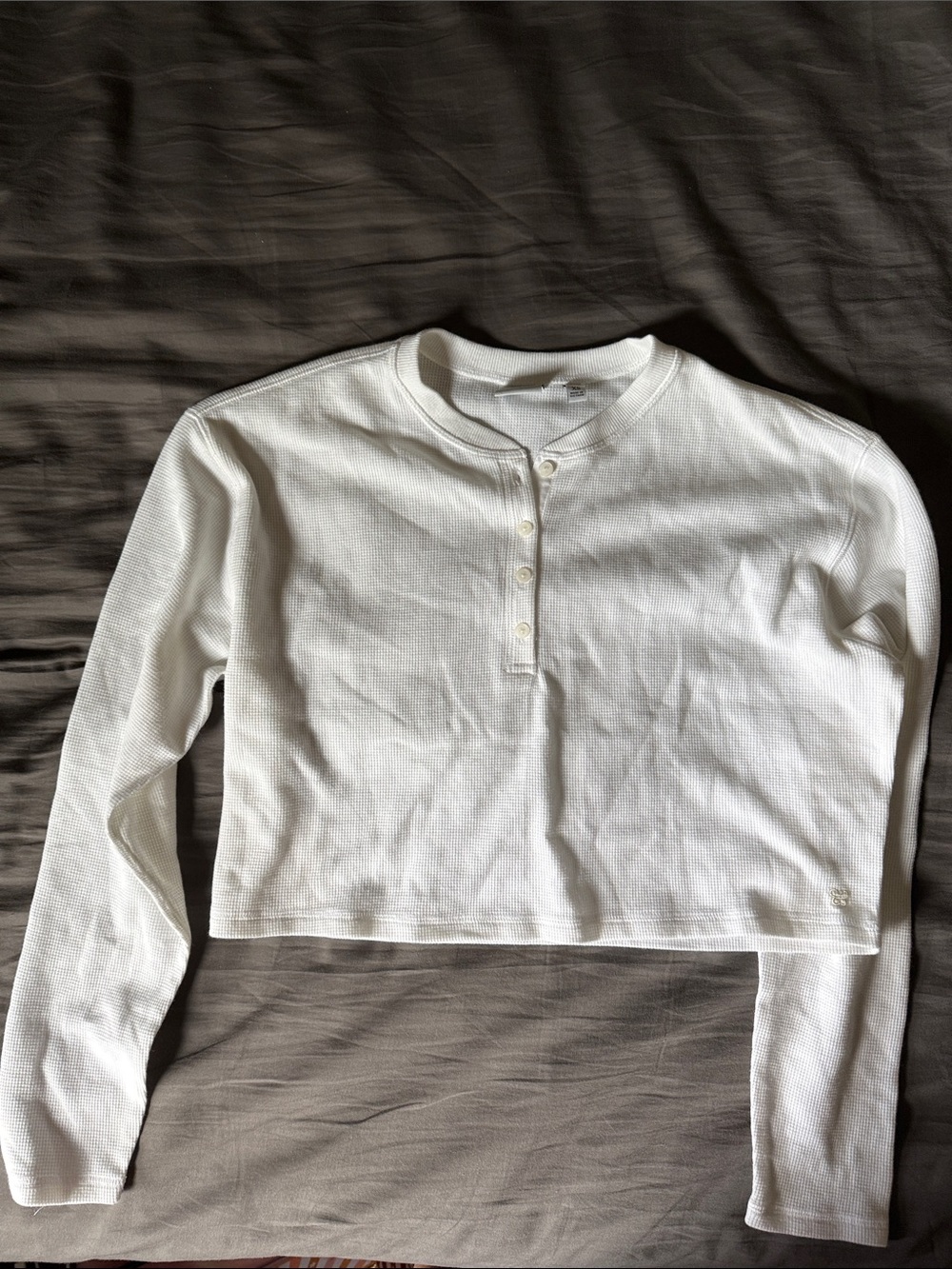 Sunday Best White Cropped Henley Waffle Long-Sleeve Top